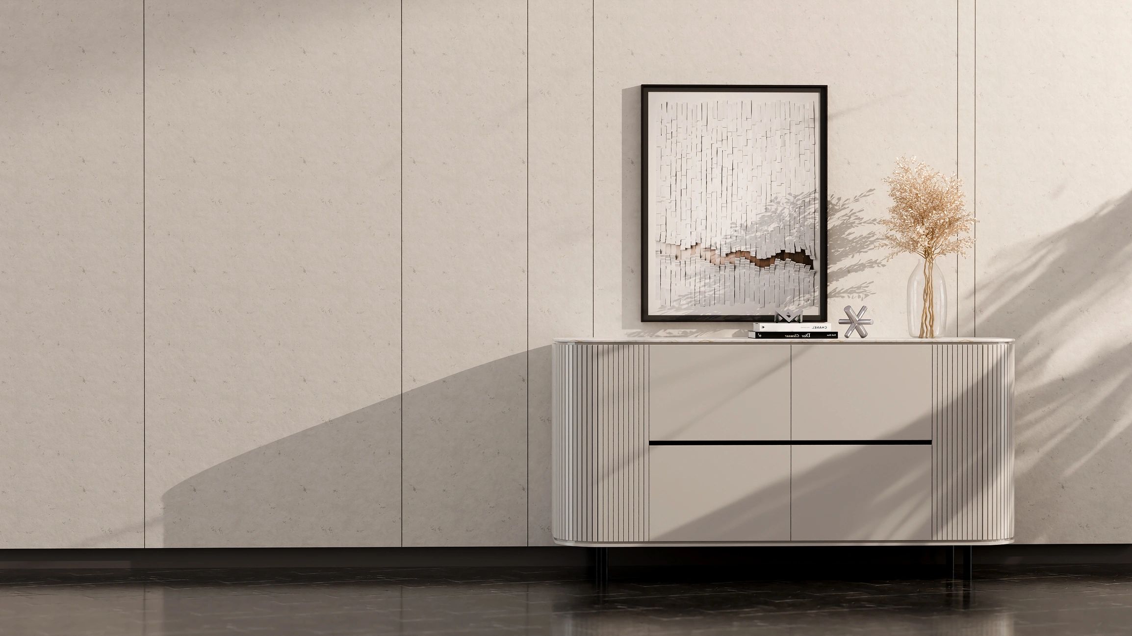 Minimal interior vignette with console table and architectural styling