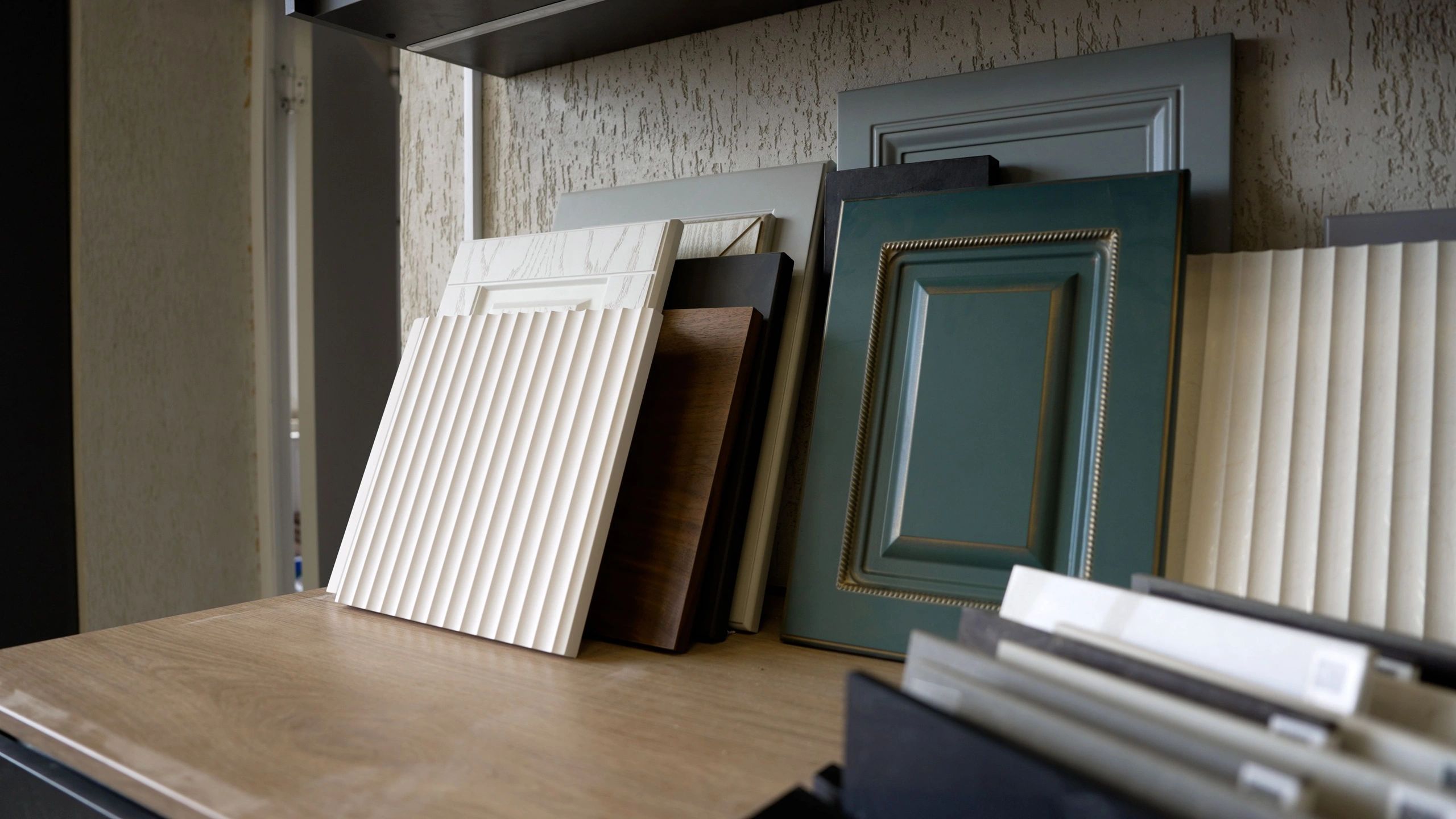 Cabinetry material samples for bespoke interior detailing